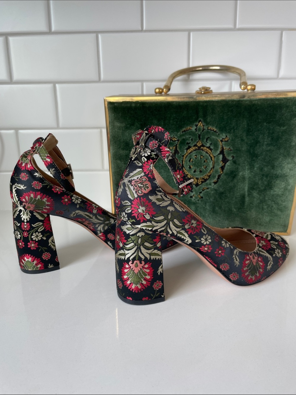 LEWIT Emilia Brocade Block Heels | Black Green Pink/Red | 37